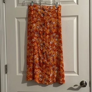 Loft Orange Floral Midi Skirt - size x-small